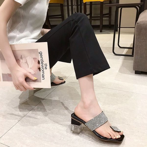 

female shoes summer woman glitter slides rubber flip flops womens slippers outdoor fashion square heel heeled mules 2020, Black
