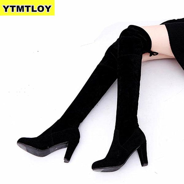 

35-43 women boot faux suede over the knee boots lace up high heels shoes woman female slim thigh botas thigh high boots, Black