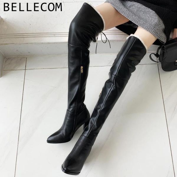 

bellecom 2019 coarse high with overknee boots thickening keep warm woman snowfield boots really maoyanggao hair women's shoes, Black