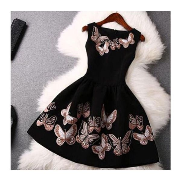 

women's round neck sleeveless skater butterfly printing dyeing lady slim slender zipper casual holiday short party dress, Black;gray