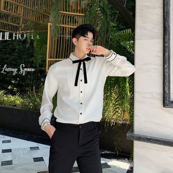 

men's casual shirts ewq / and women's wear long sleeve polyester tie turn down collar white shirt 2021 spring vintage loose blouse, White;black