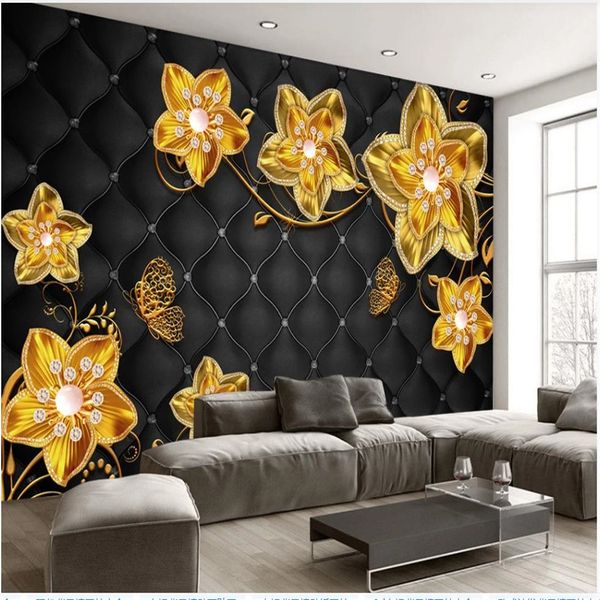 Goldene Blumentapeten Soft Pack Schmucktapeten TV-Hintergrundwandpapier Stereoskopische 3D-Tapete