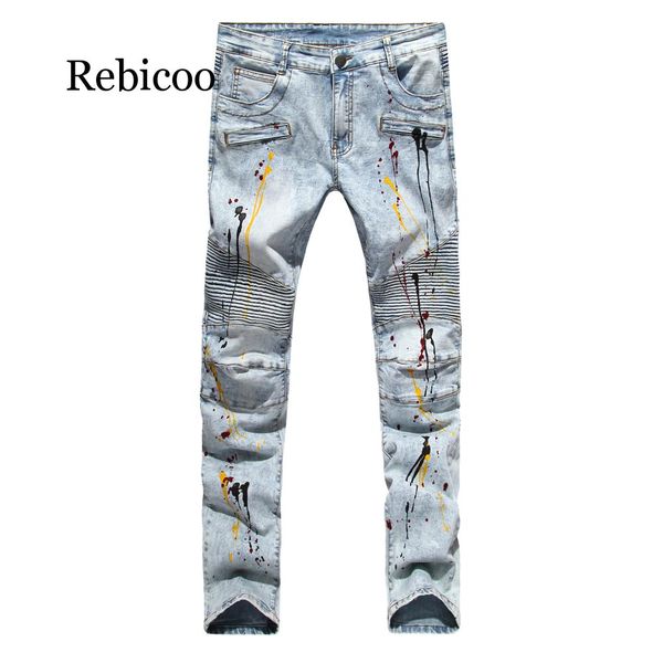 

men biker jeans design fashion jeans for men hip hop pleated skinny, Blue