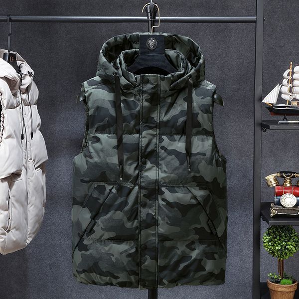 

winter men plus size 7xl 8xl 9xl 10xl parka vest waistcoat jackets camouflage sleeveless jackets warm parka jacket waistcoat men, Black;white