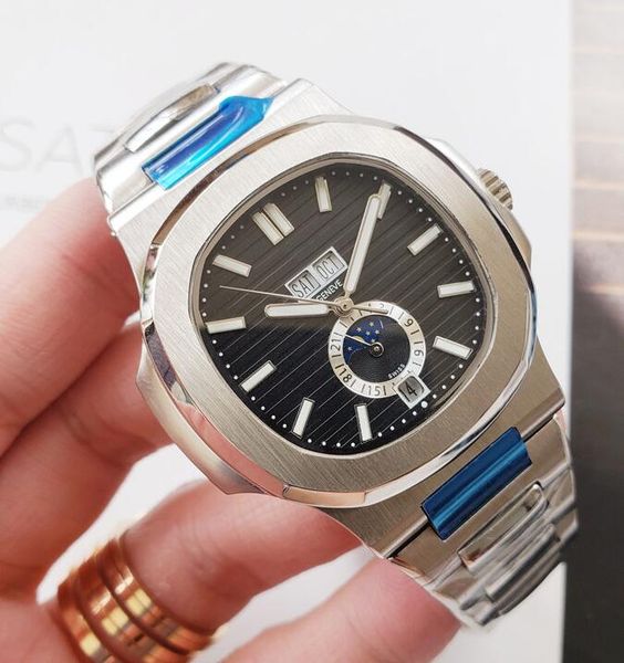 

mens watch 5726 series 40mm moon phase dial sapphire glass automatic leather strap men designer sports wristwatch, Slivery;brown