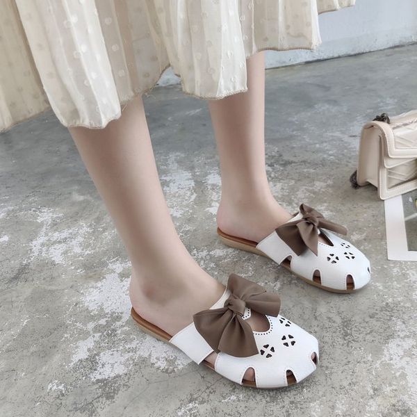 

women's sandals summer anti-slip floor indoor outdoor closed-toe versatile students sweet hollow out bow slipper, Black