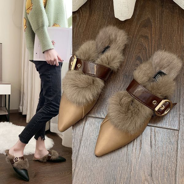 

shallow luxury slides shoes ladies' slippers pointed toe plush low designer fur flat 2019 cover autumn pu fashion with, Black
