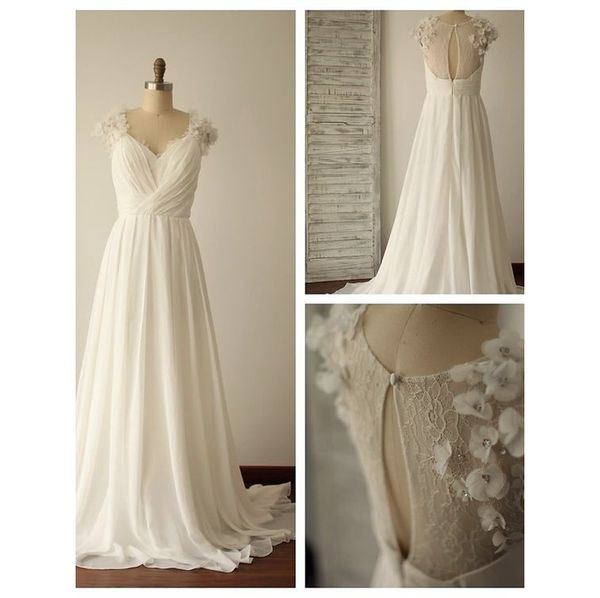Discount Romantic V Neck A Line Chiffon Floral Wedding Dresses
