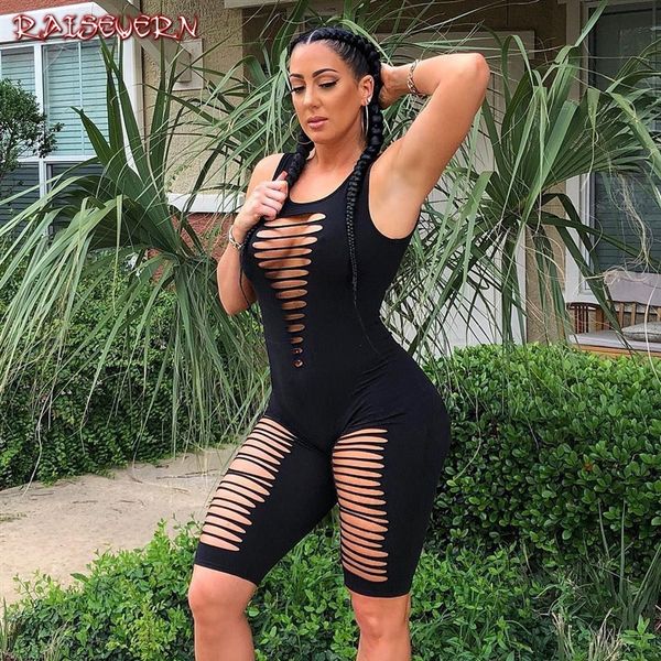 

raisevern new women hollow cut out sleeveless skinny rompers female high waist black casual clubwear shorts slim jumpsuits, Black;white