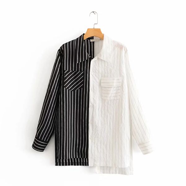 

casual woman striped splicing chic design side slit shirt 2020 fashion lady long sleeve blouse loose s7152, White