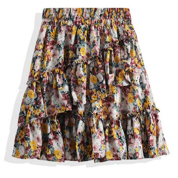 

summer sweet daisy floral chiffon short skorts skirt cute printed cascading ruffles puffy mini chiffon skirt, Black