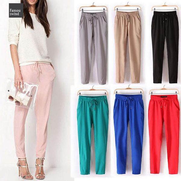

повседневный женщины сыпучие брюки гарем цвет эластичный пояс pure long осень мягкие натяжные средние брюки панталоне ol стиль шифон pant, Black;white