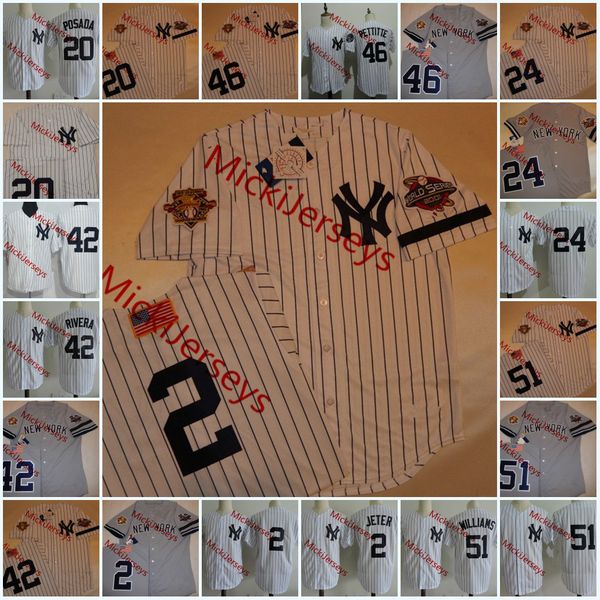 

2001 ws jerseys #2 derek jeter #20 jorge posada #24 tino martinez #42 mariano rivera #46 andy pettitte #51 bernie williams jersey, Black;red