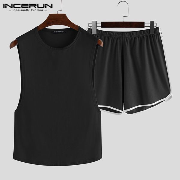 

men pajamas sets sleeveless tank shorts casual solid homewear fashion breathable male sleepwear sets incerun s-5xl, Black;brown