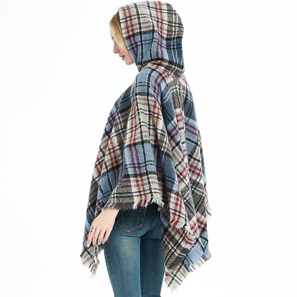 

135x135cm 2020 new women ladies tassel cape coat fringe poncho oblique stripe coat bohemian shawl scarf chequered capped cape shawl, Blue;gray