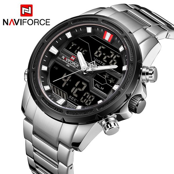 

naviforce men analog quartz sport watch fashion outdoor waterproof chrono el backlight digital wristwatches 9138, Slivery;brown