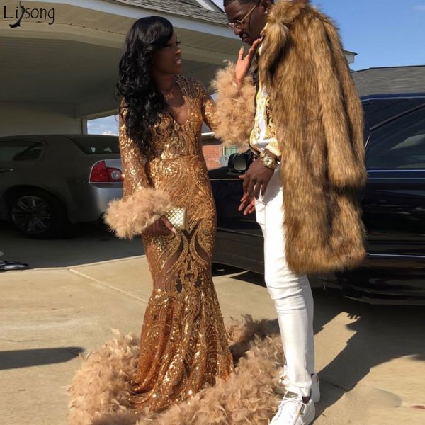 

luxury feathers gold mermaid prom dresses long sleeves illusion lace chic evening gowns african women formal party dress 2019, White;black