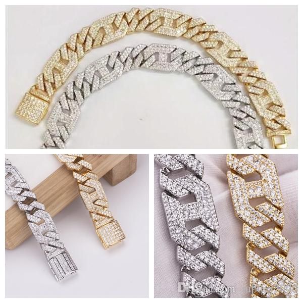 

fashion man mens brass 18k plated gold setting full tiny cubic zirconia hip-hop style thick link chain bracelets cuba's bracelet, Black