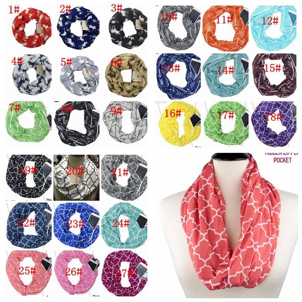 Mulheres Infinity Scarves com Zipper Pocket Lightweight Arrow Star Elk Imprimir Cachecóis Scarves Armazenamento Laço Lenço Xmas Presente Kka6341