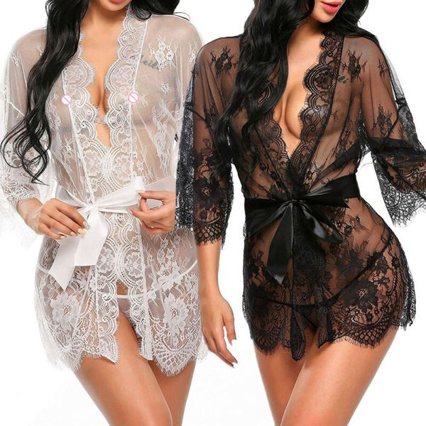 

women lingerie lace night dress nightwear nightgown bandage deep v g-string see through sheer sleep dress, Black;white