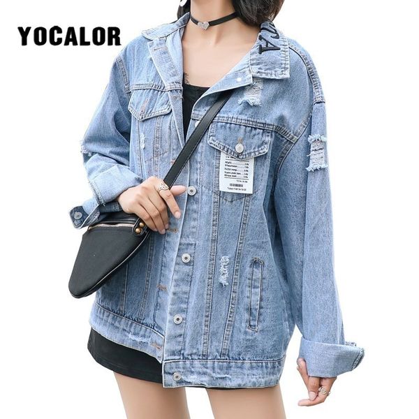 

plus large sizes frayed hole cowboy denim jeans autumn jacket women loose coat female jackets for woman chaqueta mujer boyfriend, Black;brown