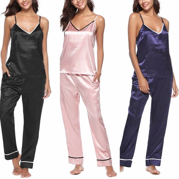 

women v-neck spaghetti strap silk pajamas bathrobes sleepwear summer ladies silk long pants home pajama sets plus size, Blue;gray