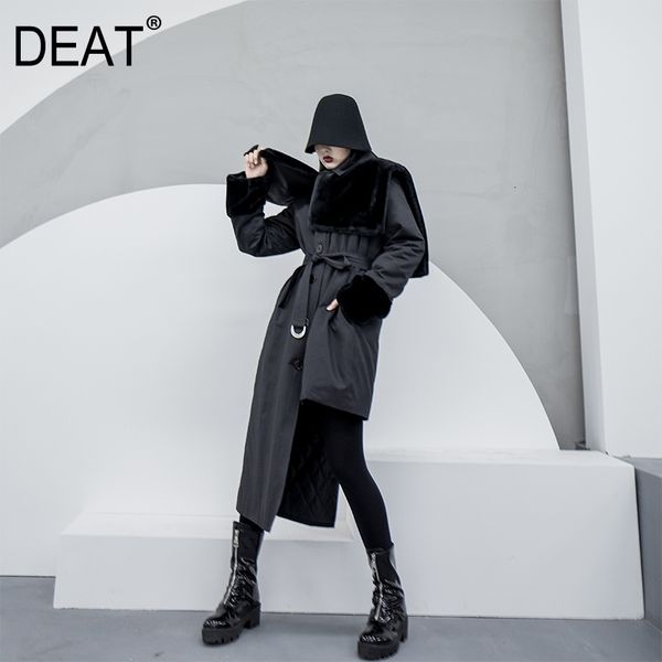 

deat] loose fit warm irregular woolen belt spliced coat parkas new lapel long sleeve women fashion autumn winter 2019 13e597, Black