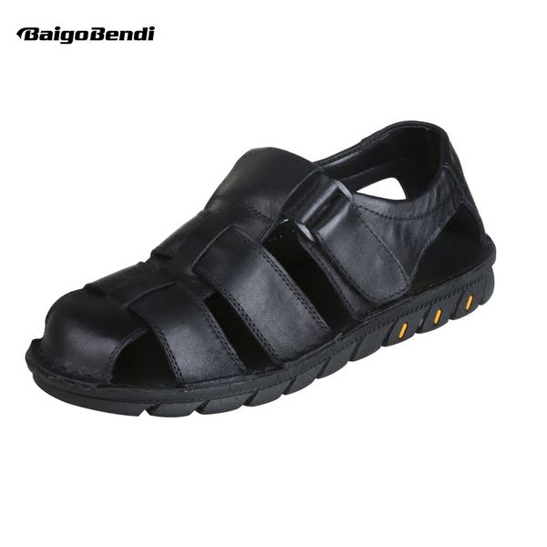 

summer mens real leather casual close toe hook loop sandals fisherman outdoor hollowed-out beach shoes, Black