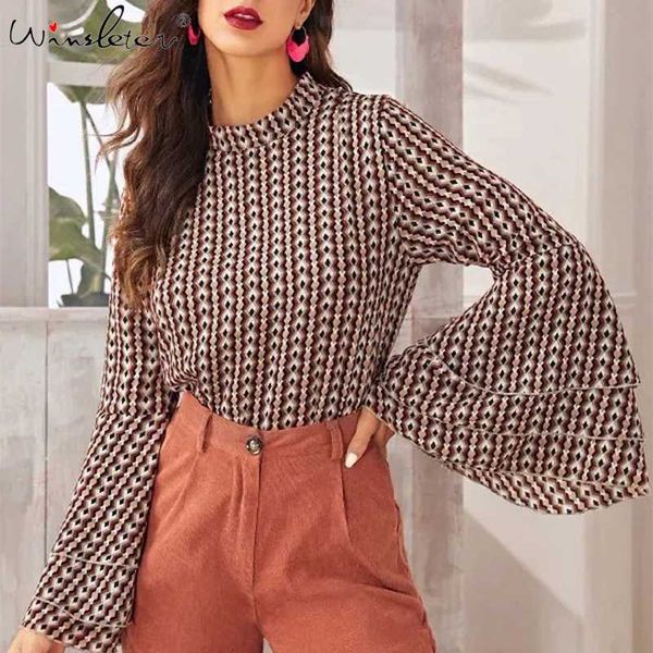 

мода печати топы рубашка женщины стенд воротник flare рукав назад кнопка топы весна осень оборками с длинным рукавом ropa mujer t03801w, White