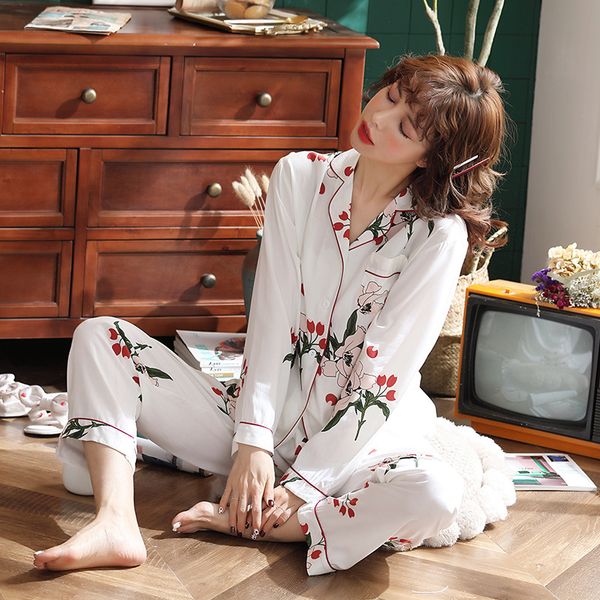 

2 piece/lot womens pajamas set pyjamas set faux silk satin long sleeve sleepwear pijama women pajamas suit female loungewear, Black;red