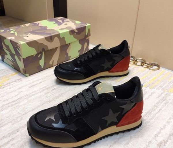 

rockrunner suede lace camouflage sneakers shoes men stud rivet camouflage runner trainers sport women casual shoes genuine leather, Black