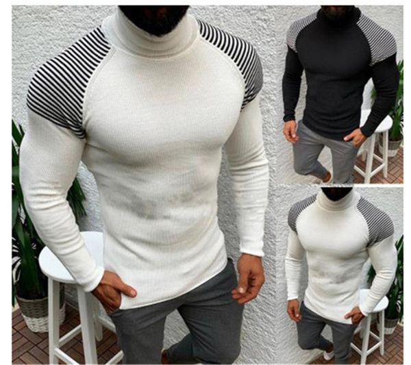 

striped panelled mens designer sweaters casual slim skinny long sleeved high collar pullover sweaters fashion mens, White;black