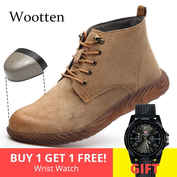 

plus size men work shoes leather cap toe steel indestructible outdoor stab-resistant construction safety boots #ld868, Black