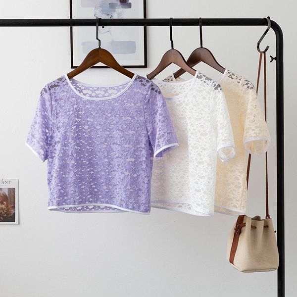 

bizheng shorts lace shorts] round collar lace female 2020 short sleeve hollow t-shirt short 3538, White