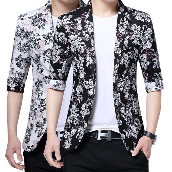 

summer men's three qarter sleeve blazers floral fashion suit jacket slim masculine blazer casual male quality dress suits fs-148, White;black