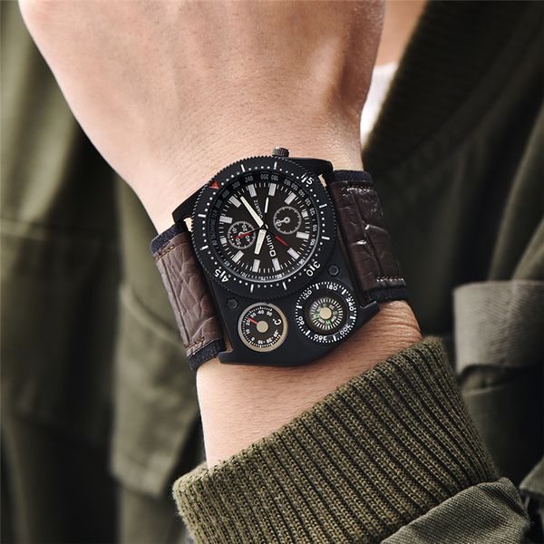 

oulm brand male sports watch wide pu strap casual man wristwatch compass thermometer for decoration men quartz watches, Slivery;brown
