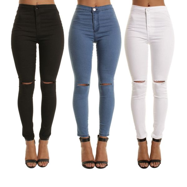 

ladies stretch ripped skinny jeans womens high waisted slim fit denim pants slim denim straight biker skinny ripped jeans size s-2xl, Blue