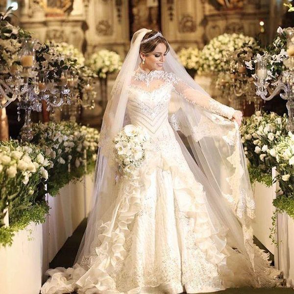 

luxury crystal ball gown chapel wedding dresses high neck long sleeve appliques abric dubai wedding gown church bridal dress, White