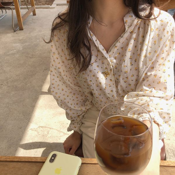 

women 2019 floral printed stand neck long sleeve blouse shirt, White