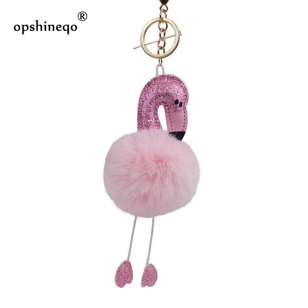 

cute pompom keychains flamingo keychain fluffy artificial rabbit fur ball women fashion bag key ring pompon car pendant gifts, Silver