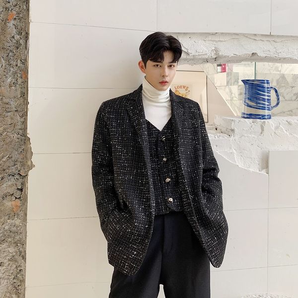 

men autumn winter fake 2pcs splice loose casual woolen suit jacket blazer male streetwear vintage fashion suits coat outwear, White;black