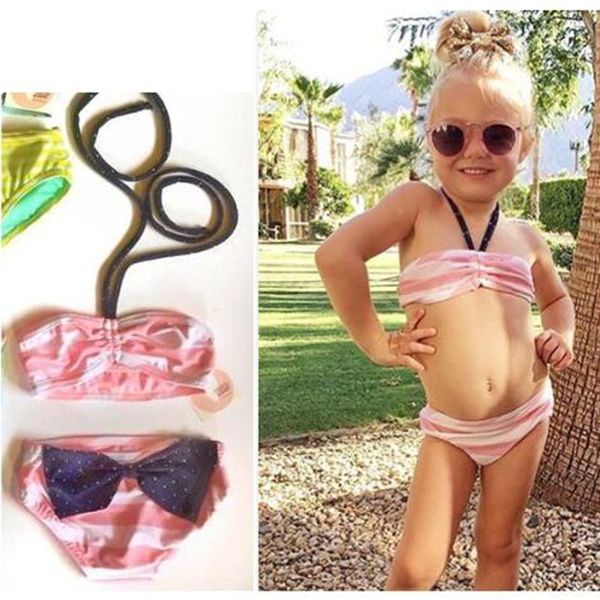 

2 pcs summer girl bikini bathingsuit pink stripe lovely children swimwear girls printed swimwear baby kids swimsuit