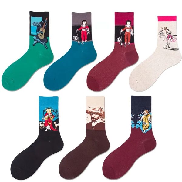 

famous oil painting socks for men brand designer fashion cotton sports socks casual cartoon socks eur 39-46 mix order 7 colors ing, Black