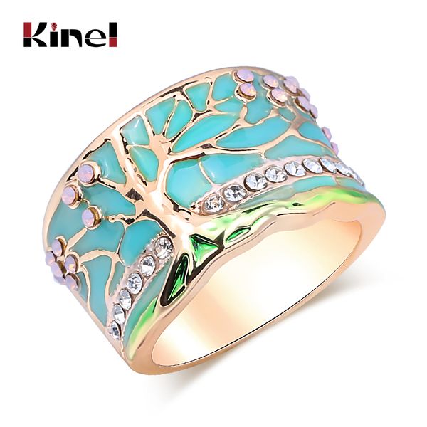 Lucky Flower Tree Ring Mode Gold Rosa Opal Grün Emaille Breite Ringe Für Frau Party Kristall Vintage-Schmuck