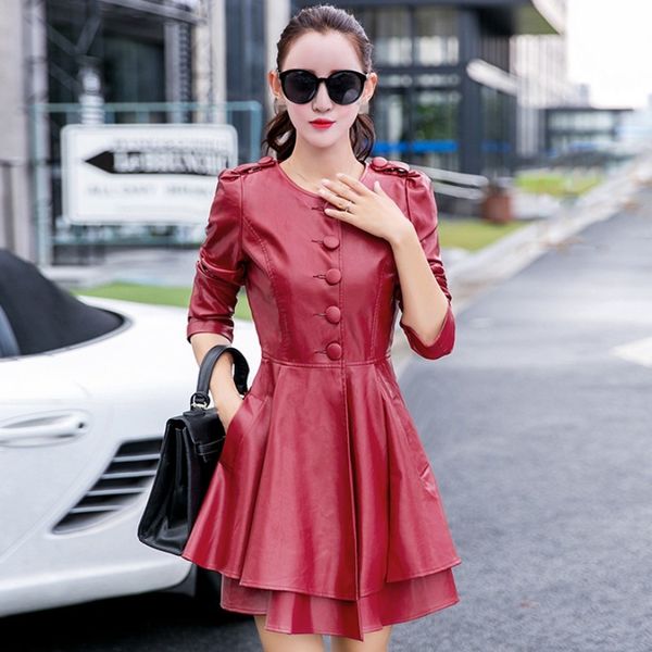 

women's leather & faux italy design ruffles ladies jacket single breasted long women big size -6xl slim fit female outerwear coat, Black