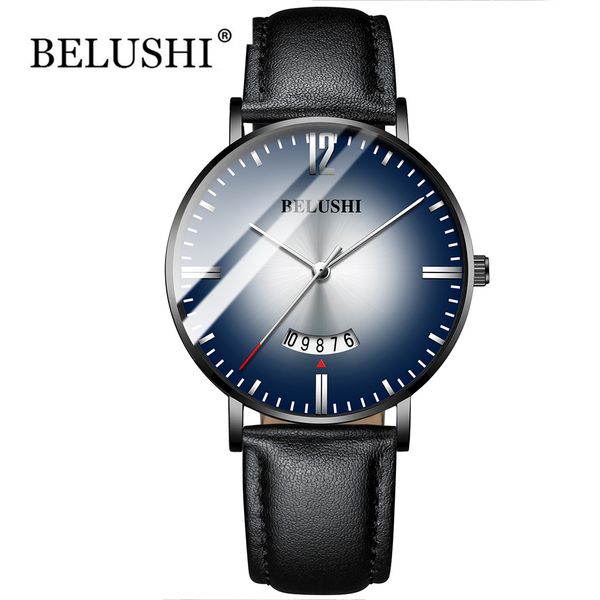 

2019 brand belushi watches gradient color mens waterproof watches leather strap slim quartz casual business mens wrist watch, Slivery;brown