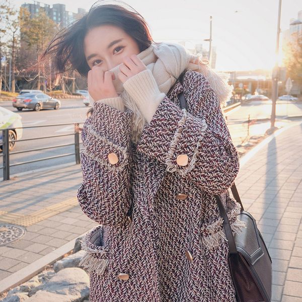 

2019 autumn and winter new style thousands of birds woolen jacket women's mid-length over-the-knee korean-style thick tassels wo, Black;white