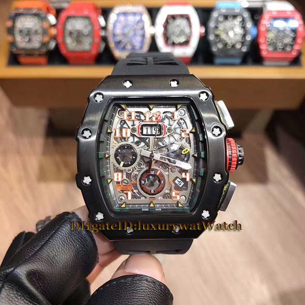 

Luxry 11 03 big date 43mm flyback chrono black keleton dial miyota automatic men watch black teel ca e black rubber trap watche
