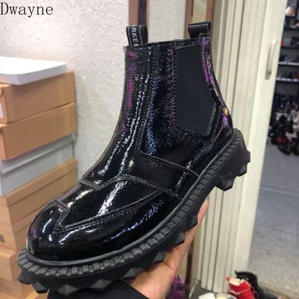 

new patent leather flat shoes women's shoes casual women's boots short boots work motorcycle boot, Black