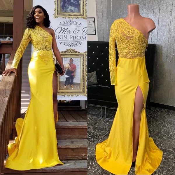 

yellow black girls mermaid prom dress plus size one shoulder long sleeve prom gowns special party dresses custom made